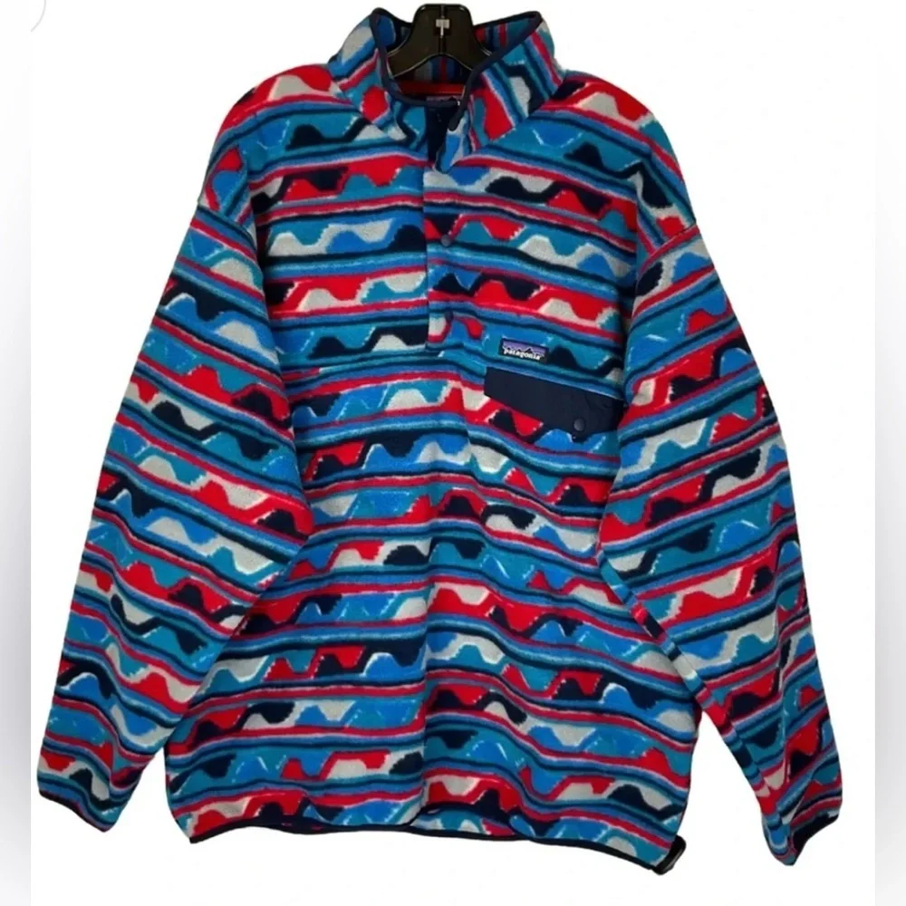 Patagonia Men’s Synchilla Snap-T Pullover Delta Wave Navy Blue Red White XXL